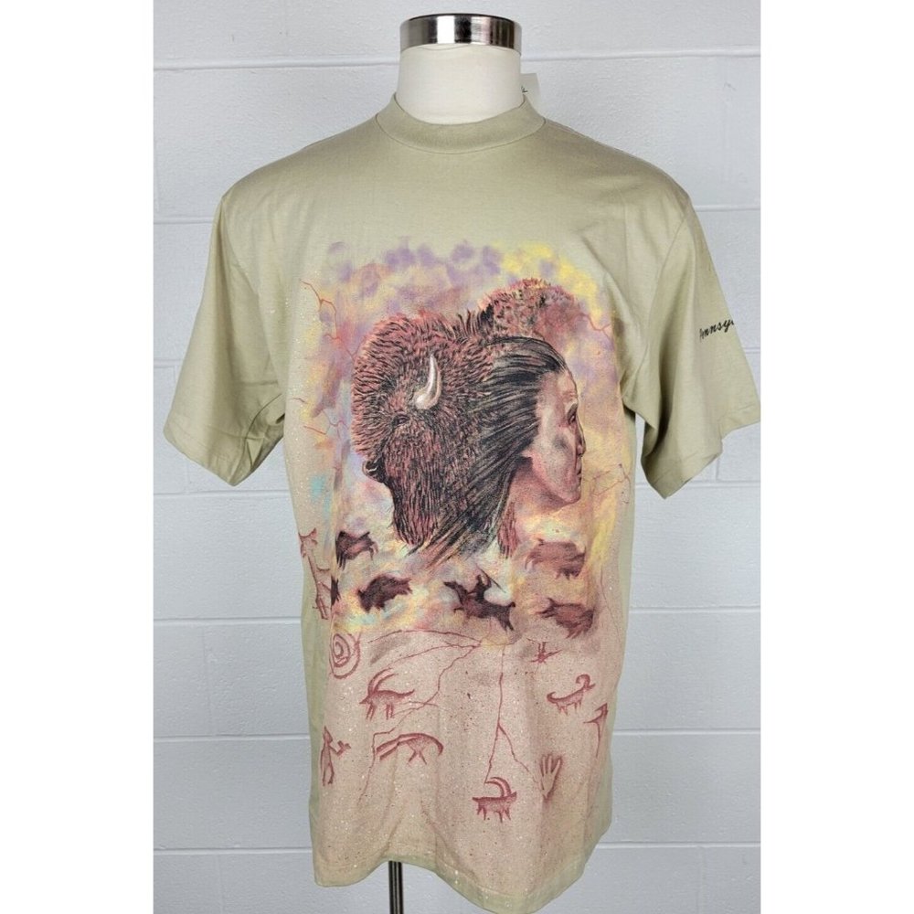 Vtg NWT Hazelwoods‎ Tshirt Native American Indian Buffalo Art Single Stitch XL